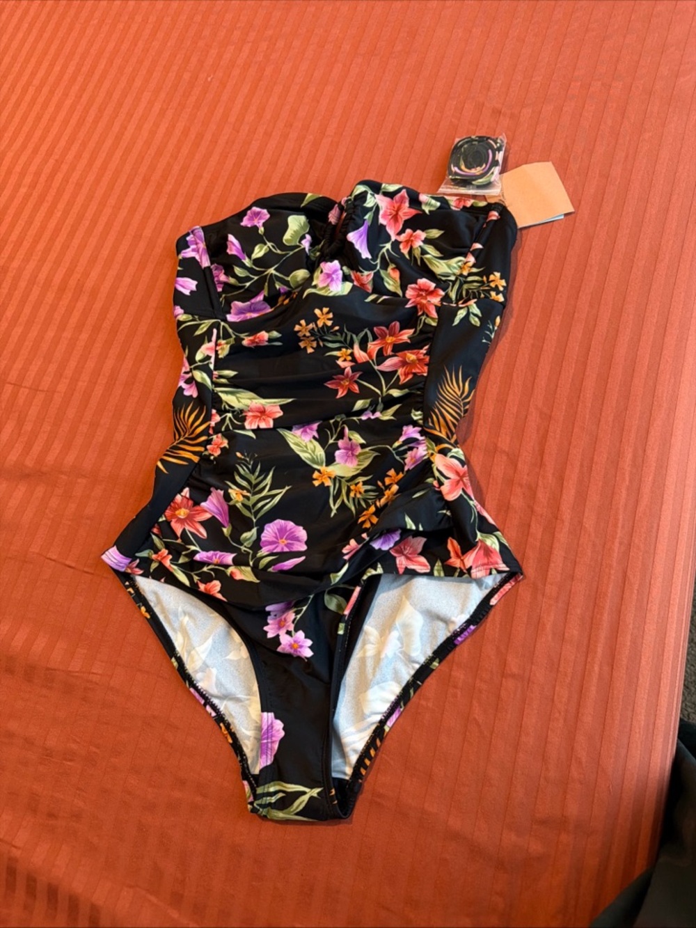 Shade & Shore Black Floral One-Shoulder Swim Top with Pink and Orange Blooms
